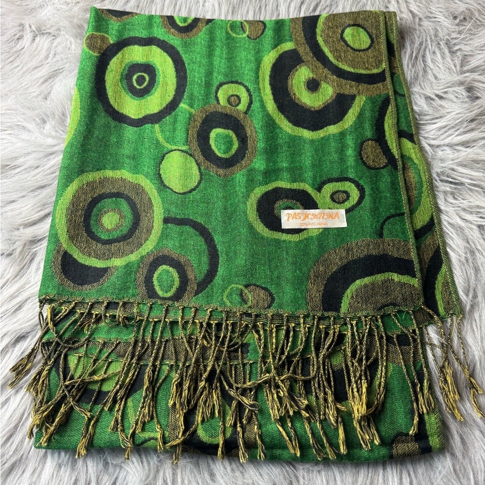 Pashmina Green Patterned Scarf with Fringe